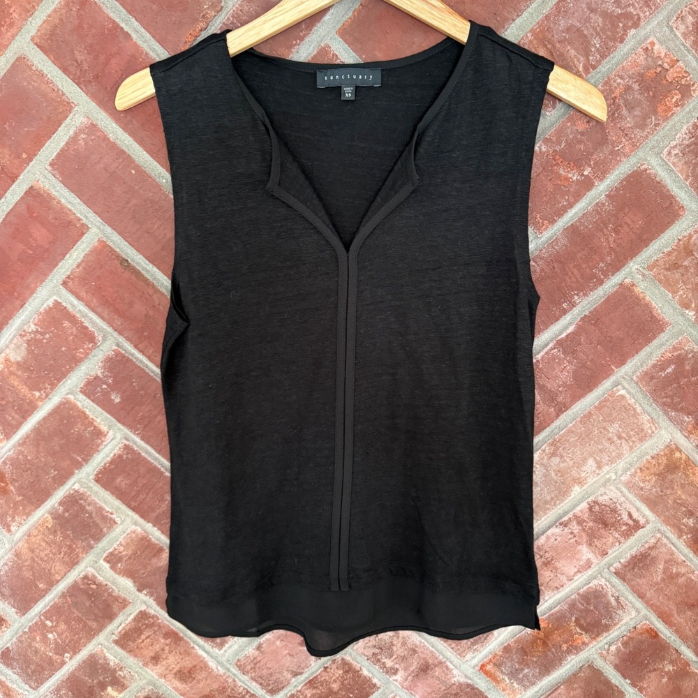 Sanctuary Sleeveless Top Women XS Black Linen Split Neck Layered T1794-KC013B